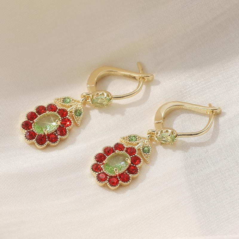 Vintage Golden Red Stone Inlaid Gorgeous Dangle Earrings for Women's Pretty Flower Pattern  Pendant Earring Jewelry Gifts