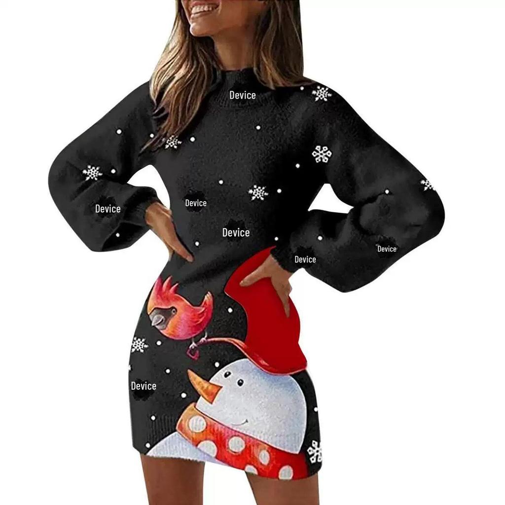 2023 Winter Christmas Print Slim Lantern Sleeve Dress