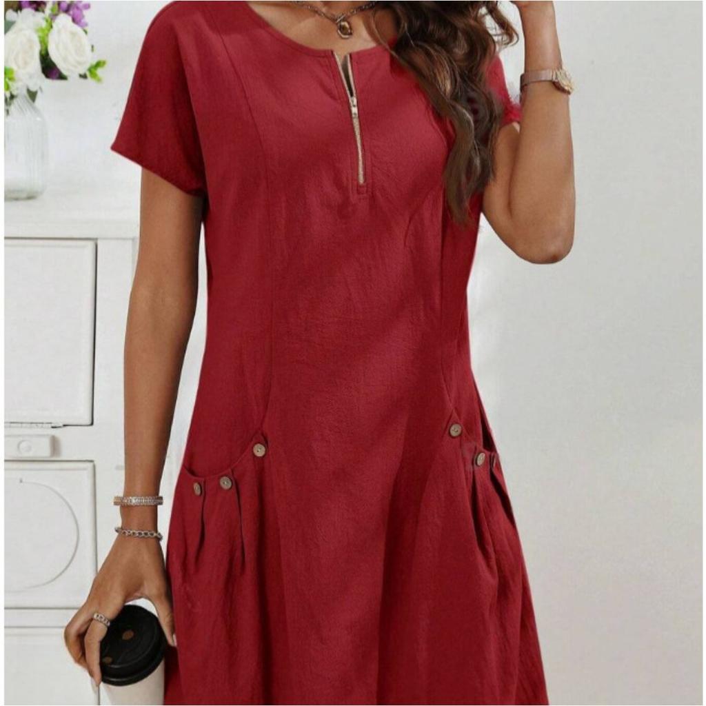 Ladies' Summer Casual Dress with Zipper Half Placket, Button Decoration, and Double Pocket Loose Fit, Cute Summer Jumpsuit