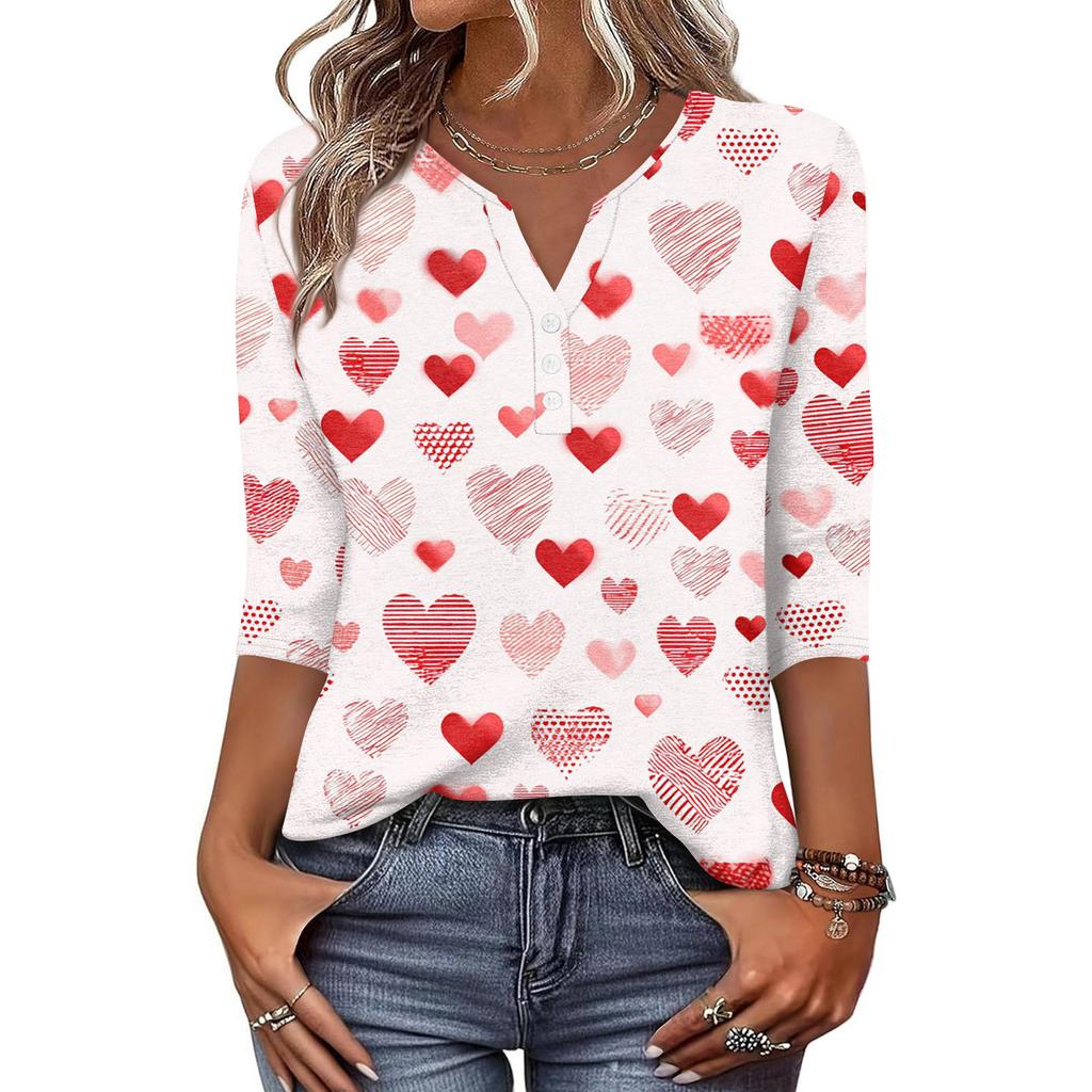 Camiseta feminina estampada com botões, manga 3/4, moda diária, de fim de semana, básica, decote em V, top regular