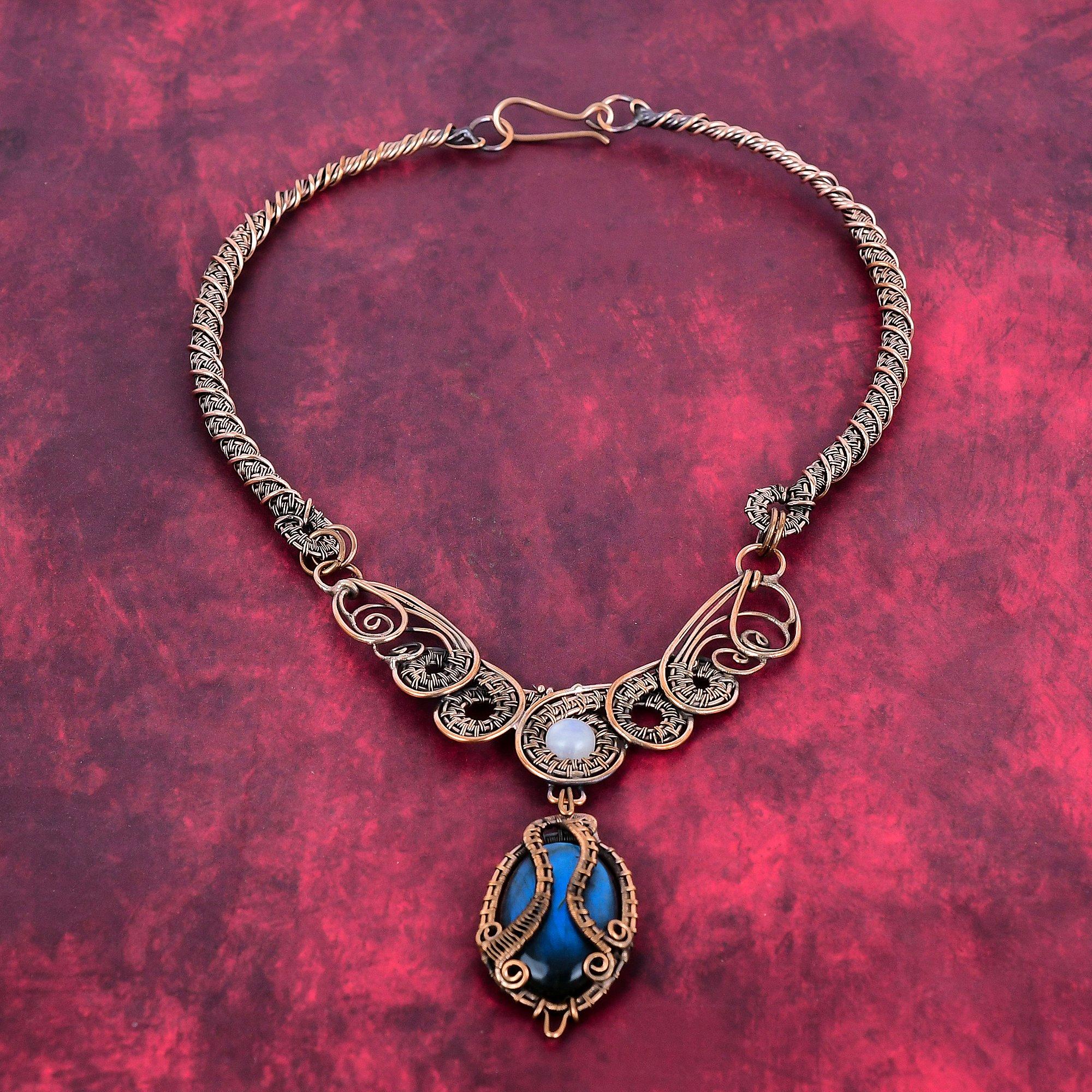 Labradorite necklace copper wire wrapped jewelry rainbow moonstone gemstone necklace handmade copper wire wrapped necklace gifts for friend