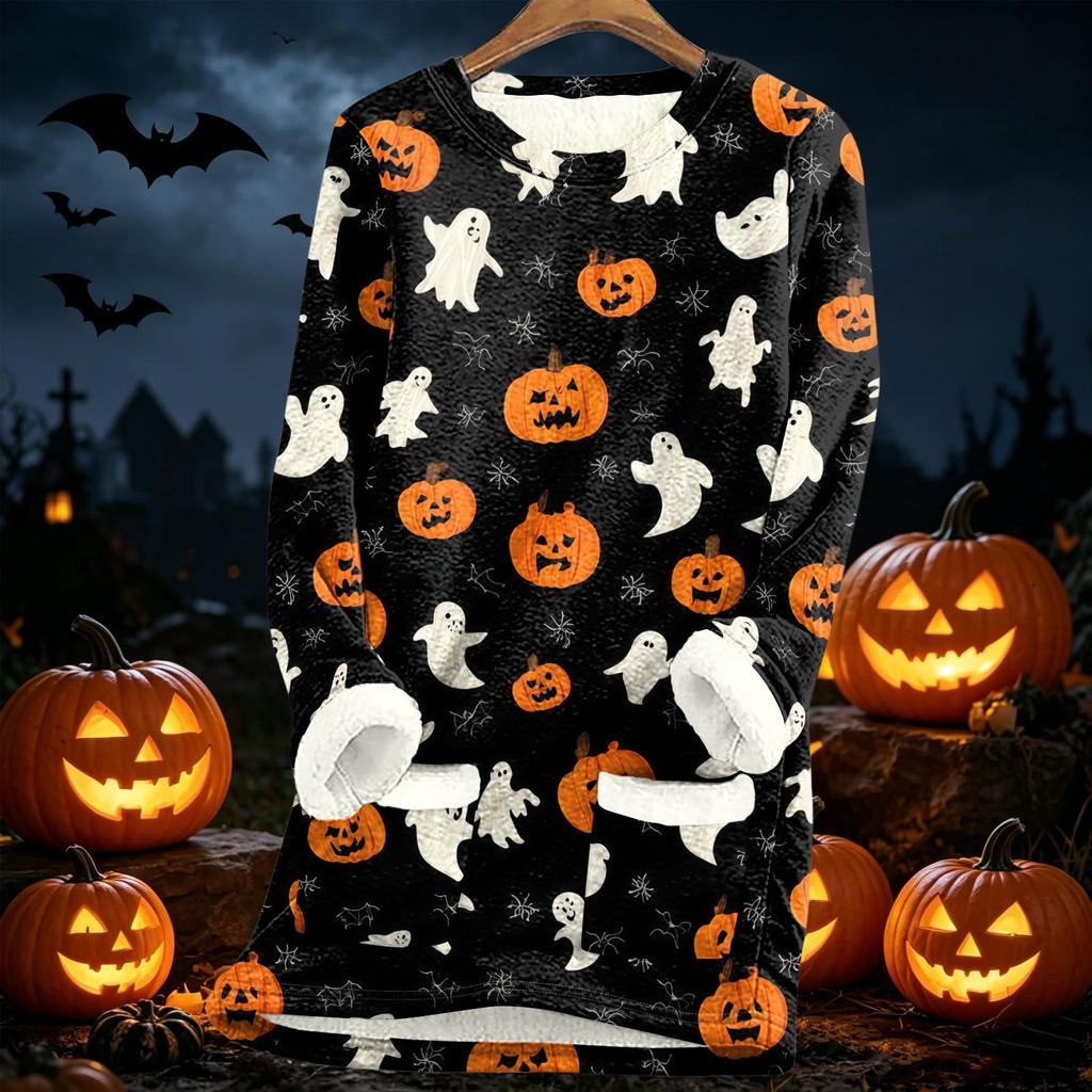Women's Long Sleeve Pullover Fleece Lined Sweatshirt Cozy Thick Warm Lamb Wool Autumn Winter Top Halloween Print