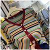 Autumn Winter Striped Patchwork Cardigan Sweater Women Vintage Loose Casual Fashion Knitting V-neck Button Top