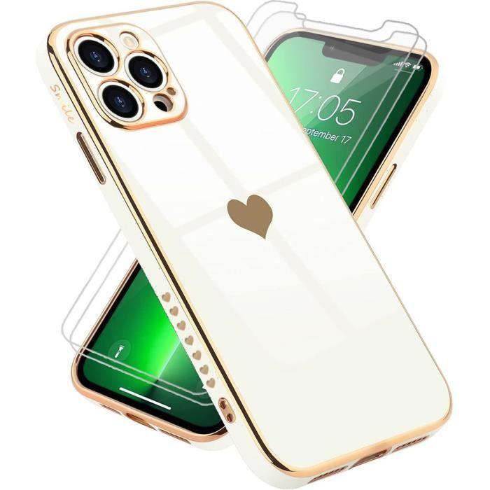 Case - Luxury - for iPhone 13 Pro Max - White - Gold Galvanized Heart Pattern - Pack of 2 Tempered Glass