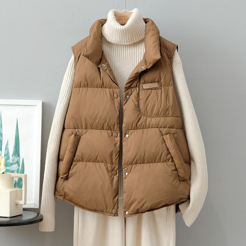 European leather standard down vest women's short new loose stand-up collar vest white duck down vest vest jacket