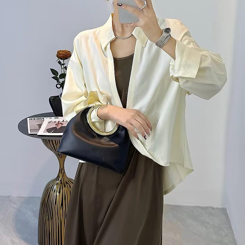 Retro Niche Design French Elegant Handbag Metal Ring High-end Soft Genuine Leather Tote Bag