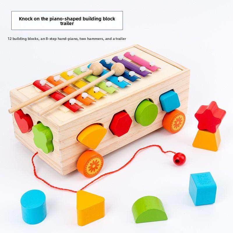 Wooden Multiple Shape Educational Toy Pulling Cart With Color Coordination And Cognitive Skills For Kids