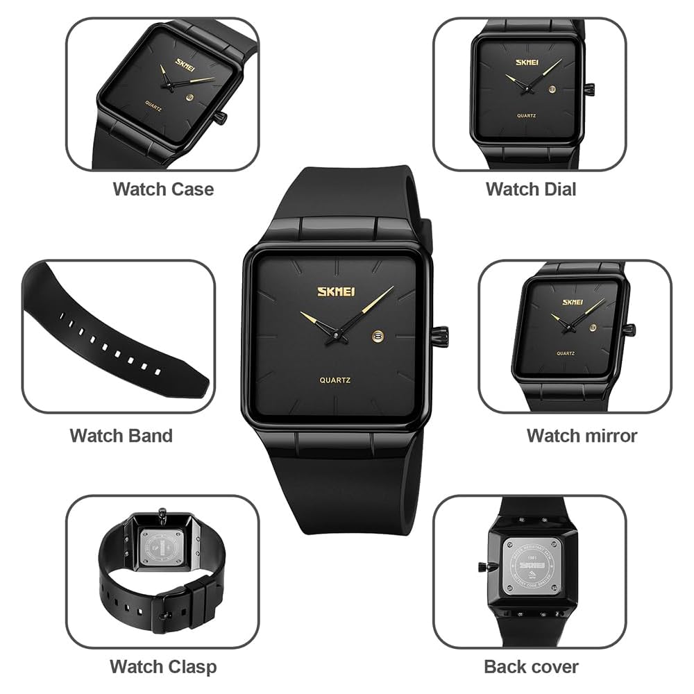 Square Men's Watch Leather Strap Black Simple Slim Stylish Waterproof Business Casual Gold Black