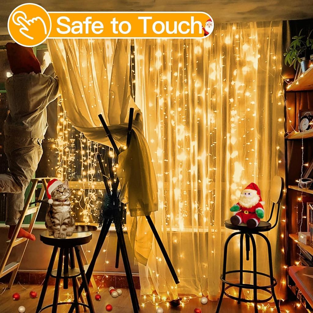 Ollny Christmas Curtain Lights 300 LED 9.8 FTx9.8 FT, Outdoor Waterproof Curtain String Lights with Remote Timer 8 Modes, USB Waterfall Window Lights