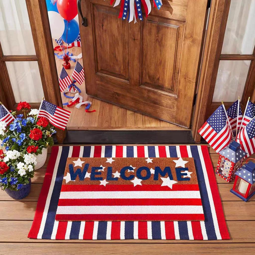 Door Mat Outdoor USA Red White Blue Welcome Rug Patriotic Mat Non-Slip Independence Day Freedom Memorial Day Indoor Entrance Outside Porch Front Decor