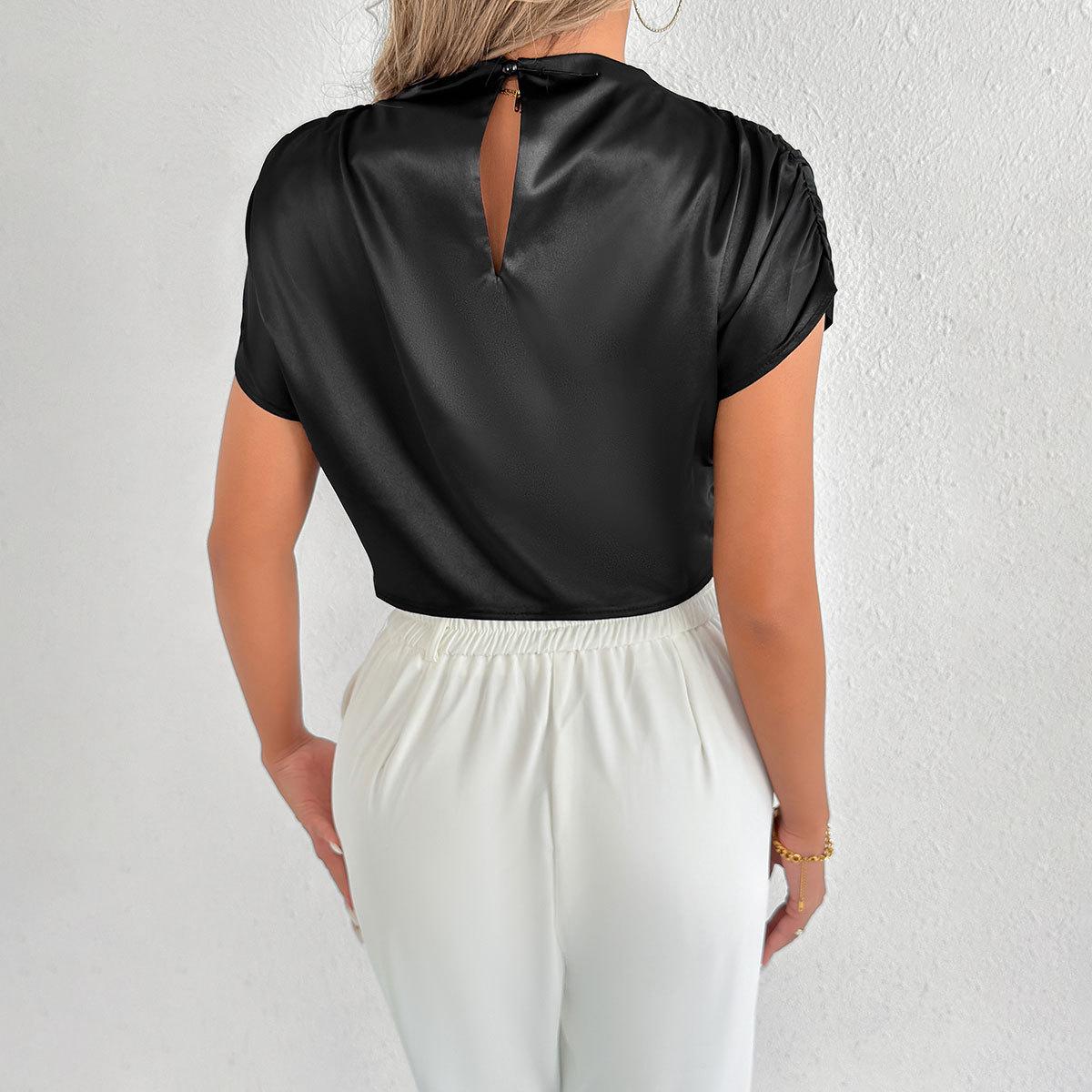Women Brown Satin Mock Neck Ruched Cap Sleeve Cropped Blouse S чёрный