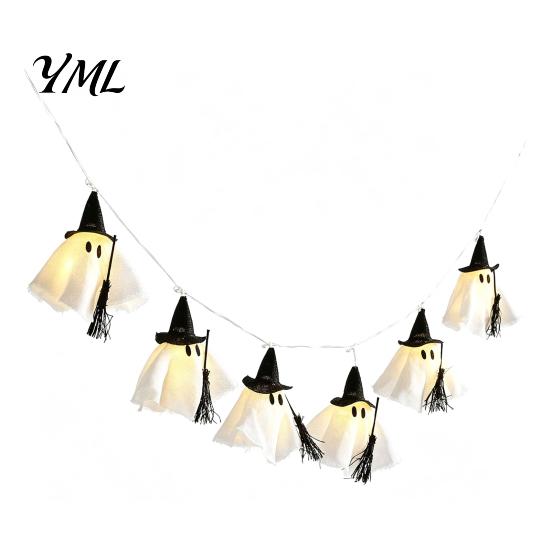 Retro-Textur Halloween-Requisiten Geister-Lichterkette, Hängendes Stoffstück mit Zaubererhut, Fenster-Kamin-Wanddekoration Leuchtende Lichterketten für Zuhause