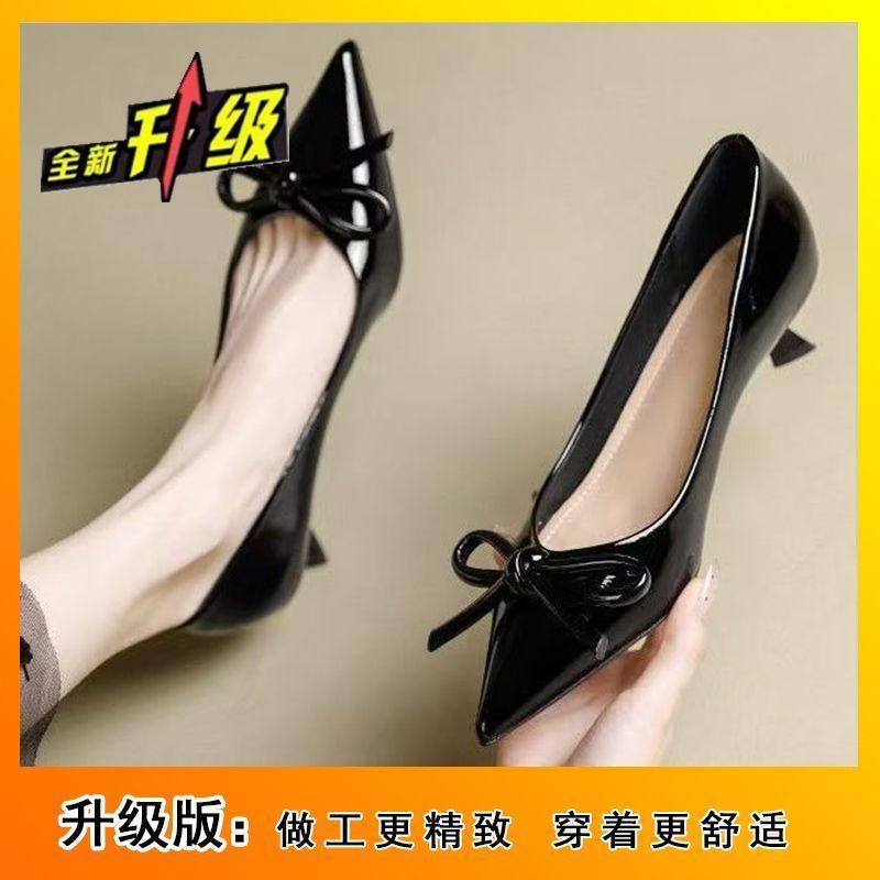 With skirt bow patent leather red thin heel pointed high heels 2025 summer new French shallow mouth single shoes women