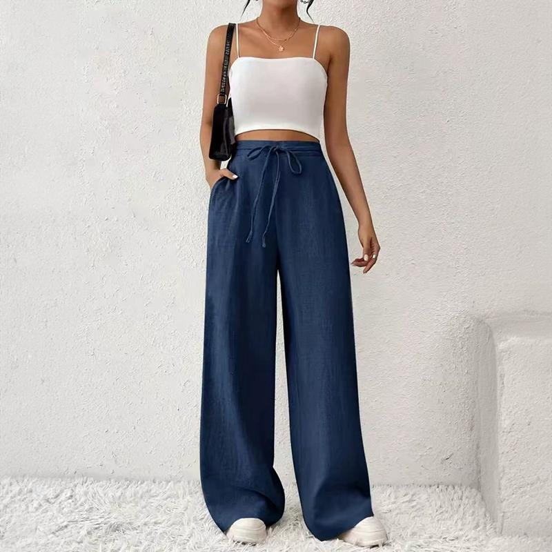 Women Casual Wide-leg Pants Solid Color Straight Leg Pants L