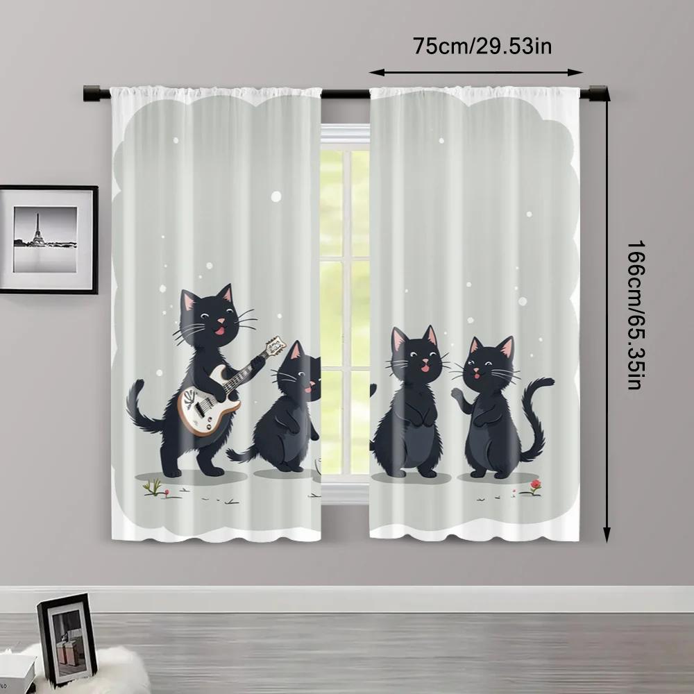2pcs, Light Filtering Curtains Black Cat & Jungle Flowers Versatile Fabric (without Rod) Decorations Outdoor Ldeal for Room,