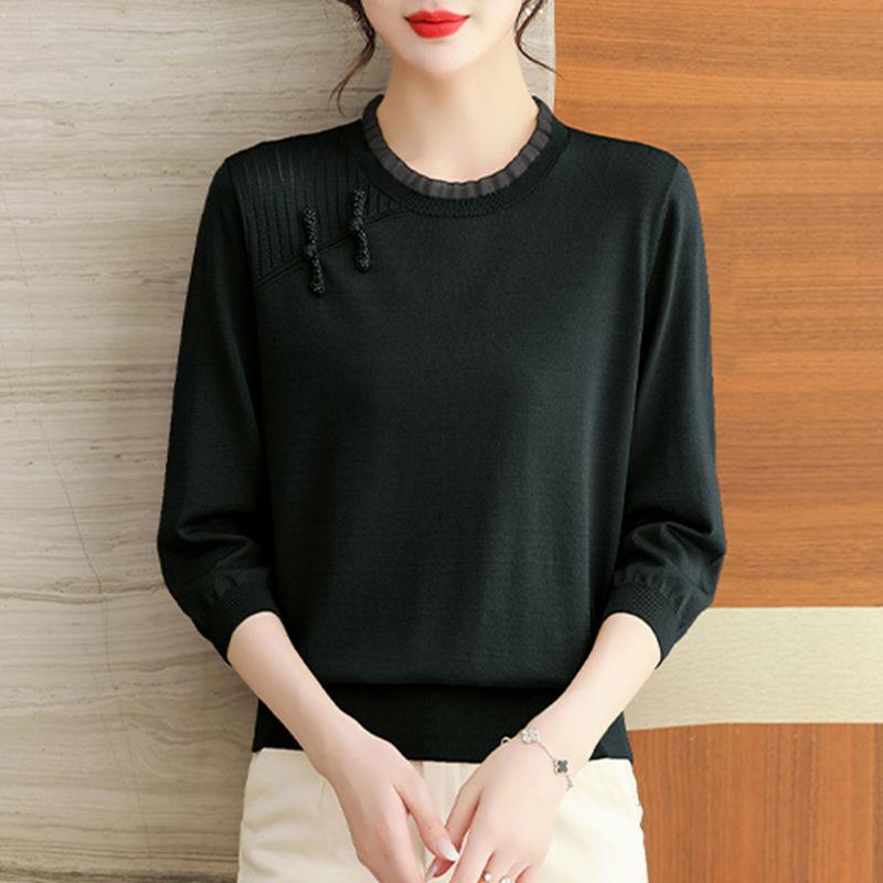 Seven Inch Ice Silk Knitted Shirt with Middle Sleeve Spring and Summer Thin Loose Mom Chinese Style Buckle Lace Top