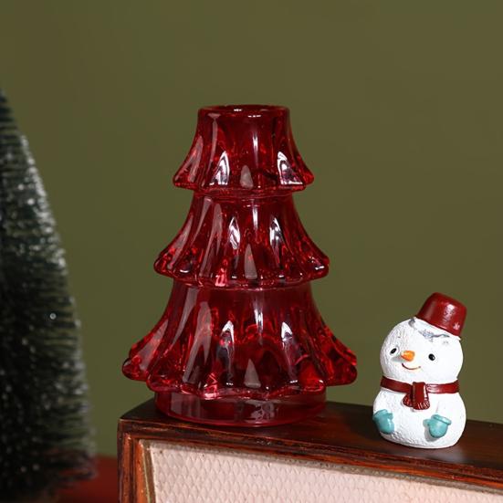 Christmas Tree Candlestick Glass Pillar Candle Holder Vintage Ribbed Taper Candle Holder for Festive Dining Table Decoration