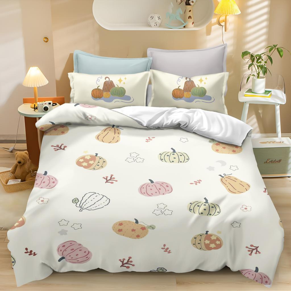 Cartoon Kürbis Bettbezug Schlafzimmer 3-teiliges Set Kinder Niedlich Polyester Weich Atmungsaktiv Bettdecke Animation Bettwäsche