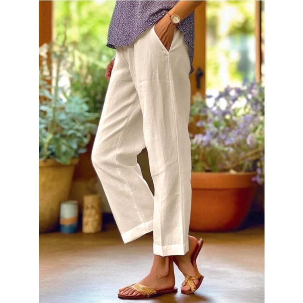 Spring Summer New Women Solid Cotton Linen Wide Leg Pants, Elastic Waist Loose Casual Trousers, Breathable Daily Fashion Bottoms