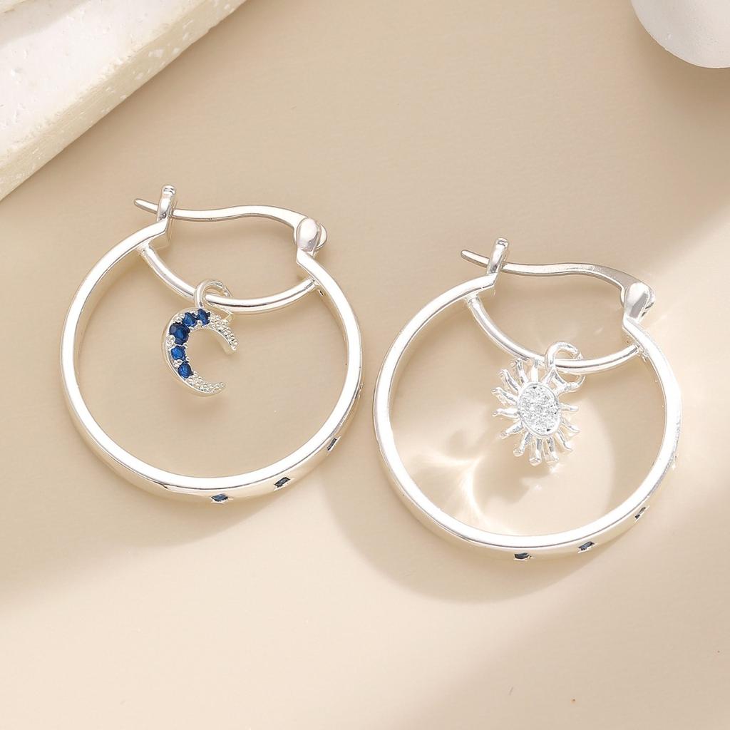Sun Moon Charm Hoop Earrings Silver Tone Blue Stone Accent Celestial Huggie Earrings for Women