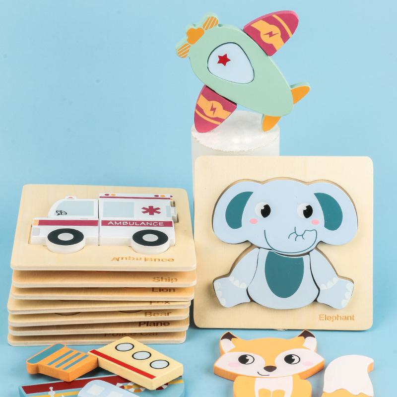 4 Pcs/Set 3D Wooden Puzzle Cartoon Animal Traffic Early Education Enlightenment Cognitive Jigsaw Toys With Gift Box