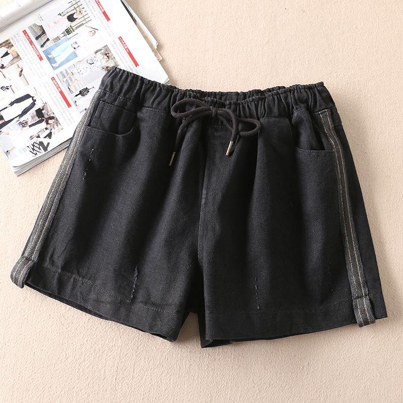 

Wa3089 Джинсовые шорты с красной полосой по бокам и эластичной талией Side Black Gold strip All yards