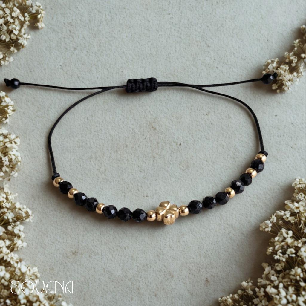 Lucky bracelet, protective, black tourmaline, clover, adjustable