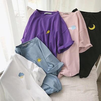 Fashion Weather Embroidery Casual Loose Basic T Shirt Summer Short Sleeve Simple T-shirts for Women Harajuku Kawaii Funny Student Tshirt