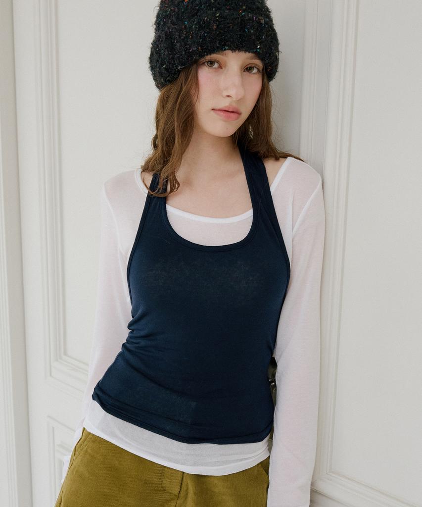 LETTER FROM MOON Halterneck Layered Soft Top (Navy)