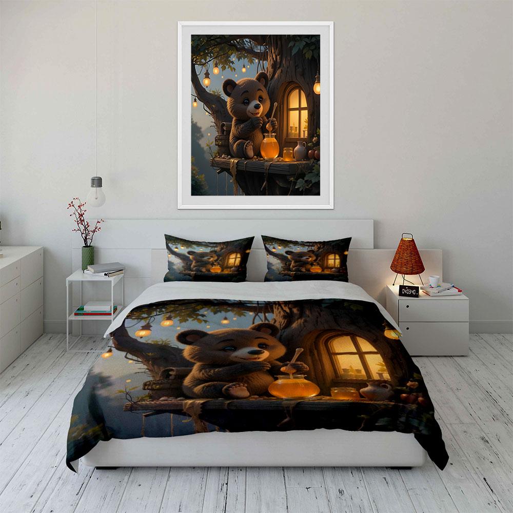 Bear-Themed Honey Cozy Set Soft Skin-Friendly Bedding Set Includes 1 Duvet Cover And 2 Pillowcase Gift