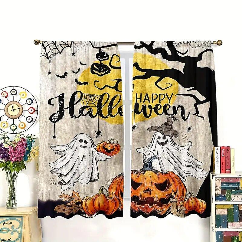 Halloween Ghost Pumpkin Spider Web Pattern Printed Curtains, Window Decorations, Home Decorations, Room Decorations