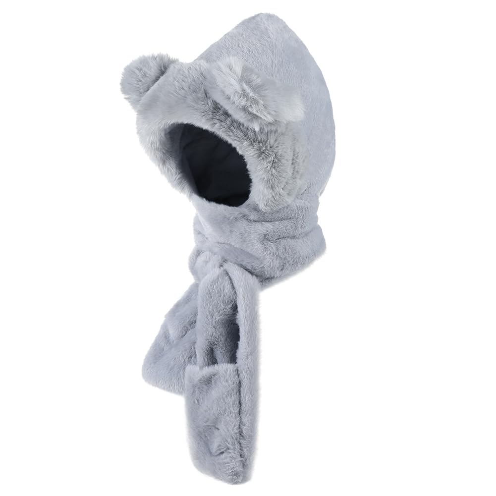 LONTG Winter Hat with Bear and Cute Faux Fur Hat with Fluffy Fur and Thick Furry Boa Animal Hat for Girls and Perfect for Fall and Gray Kids' Ears,
