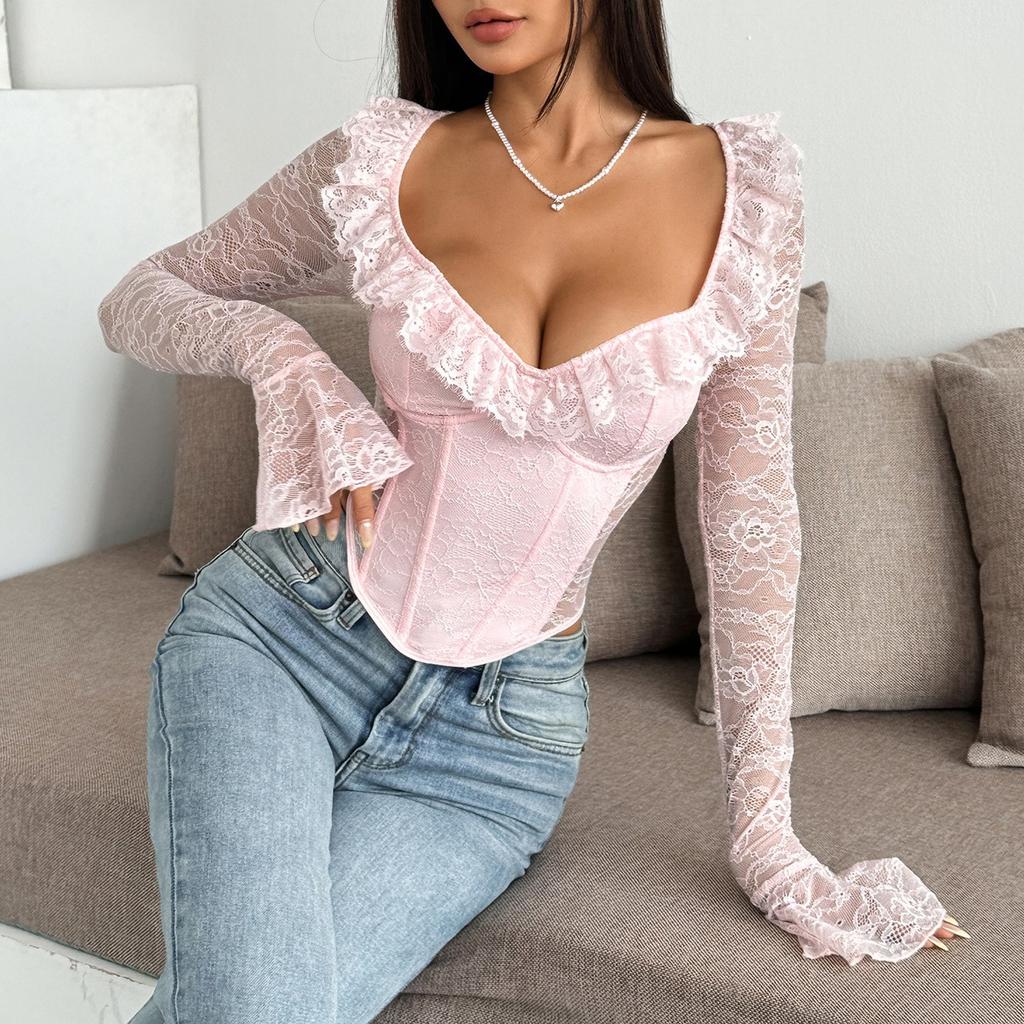 Ladies' Spring Slim Fit Elastic Lace Steel Ring Fishbone Top