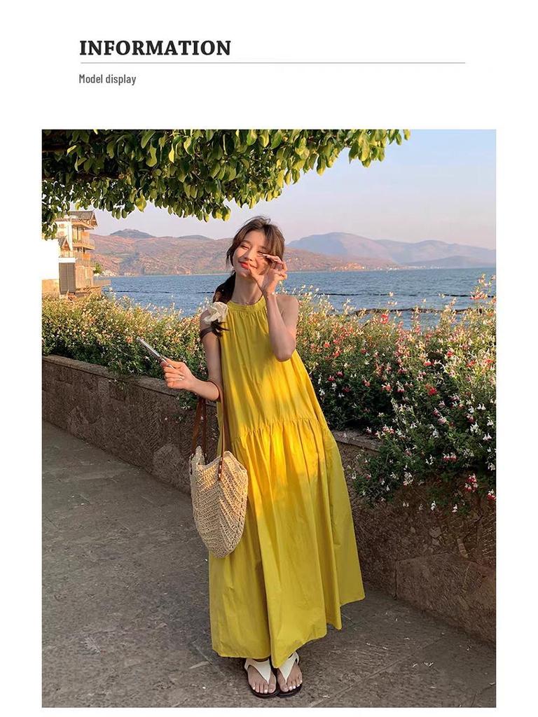 Elegant Yellow Sleeveless Halter Neck A-line Dress - Women's Retro Resort Style.