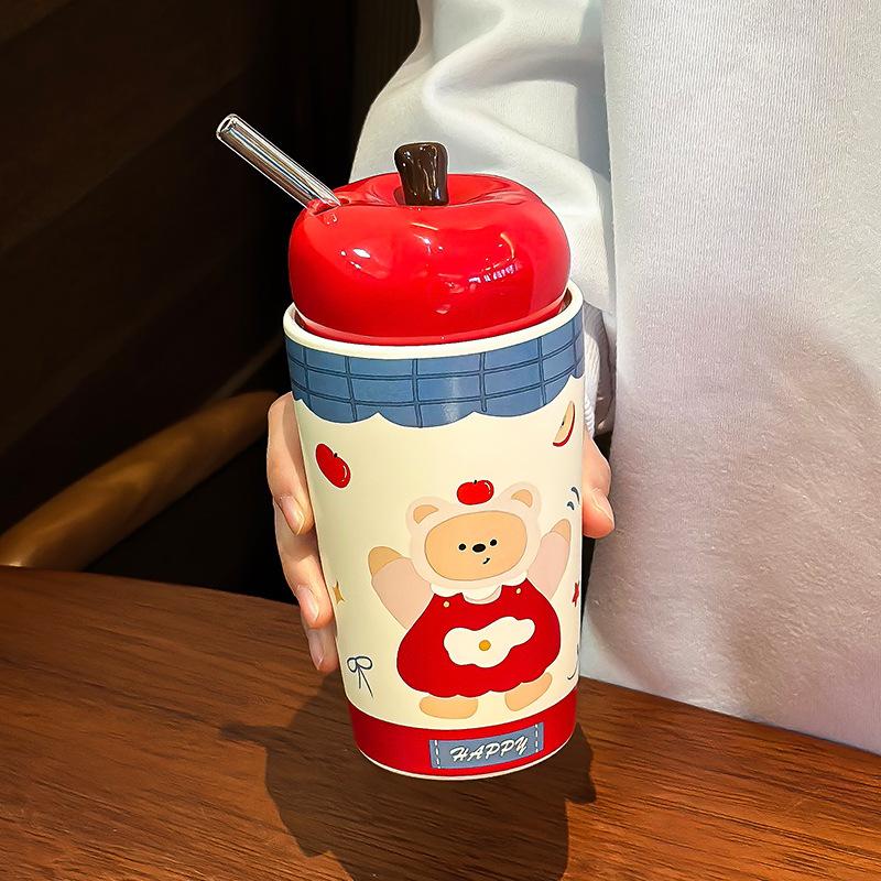 Roter Apfel Bär Keramiktasse Hochpräzise Niedlich Große Kapazität Wasserbecher Weiblich Feiertagsgeschenk Strohbecher