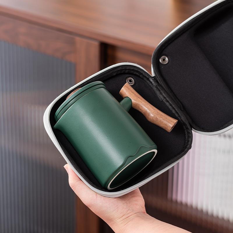 Travel Tea Set Kuaike Cup One Pot Four Cups Teapot Guochao Portable Outdoor High-end Ceramic Wooden Handle