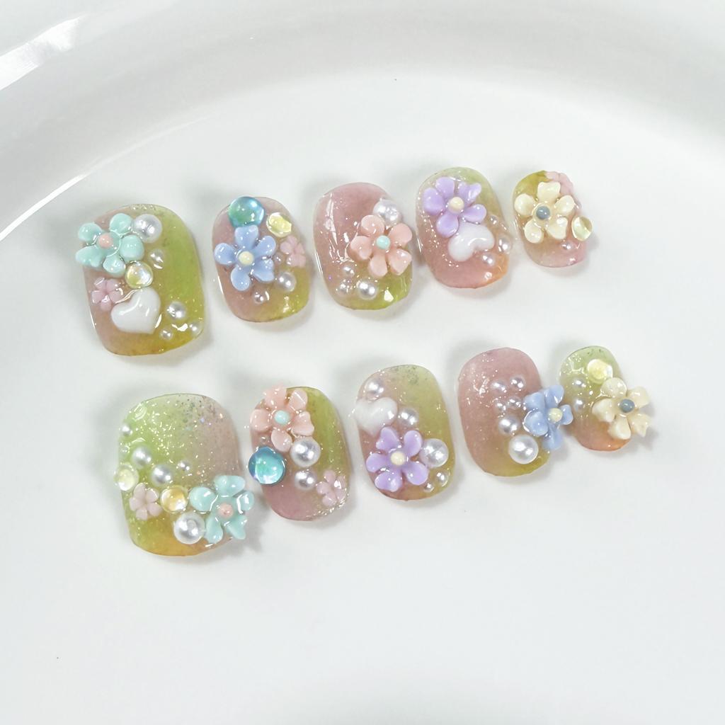 10Pcs Retro 3D Flower Handmade Press On Nails Reusable Stick On False Nails Artificial Nail Tips