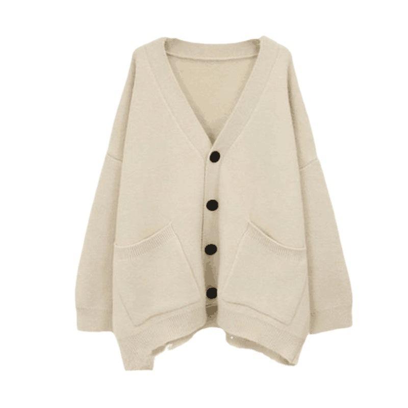 College Lazy Loose Candy Color V-Neck Knitted Cardigan Spring and Autumn Pocket Sweater Jacket Women