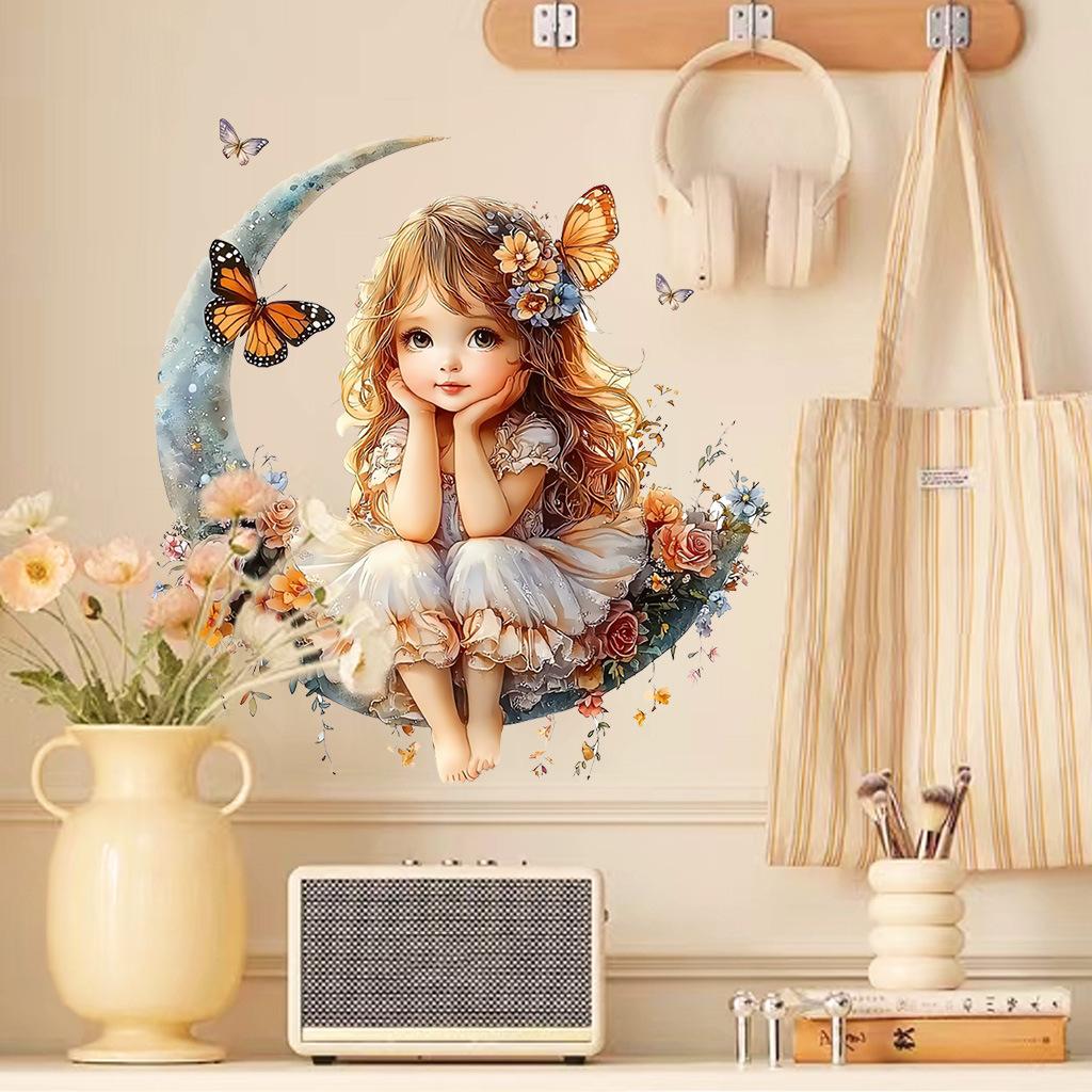 Girl On Moon with Butterflies Wall Stickers, Removable Waterproof Moisture-Proof Self-Adhesive PVC Decals for Kids Room Bedroom Living Room Decoration