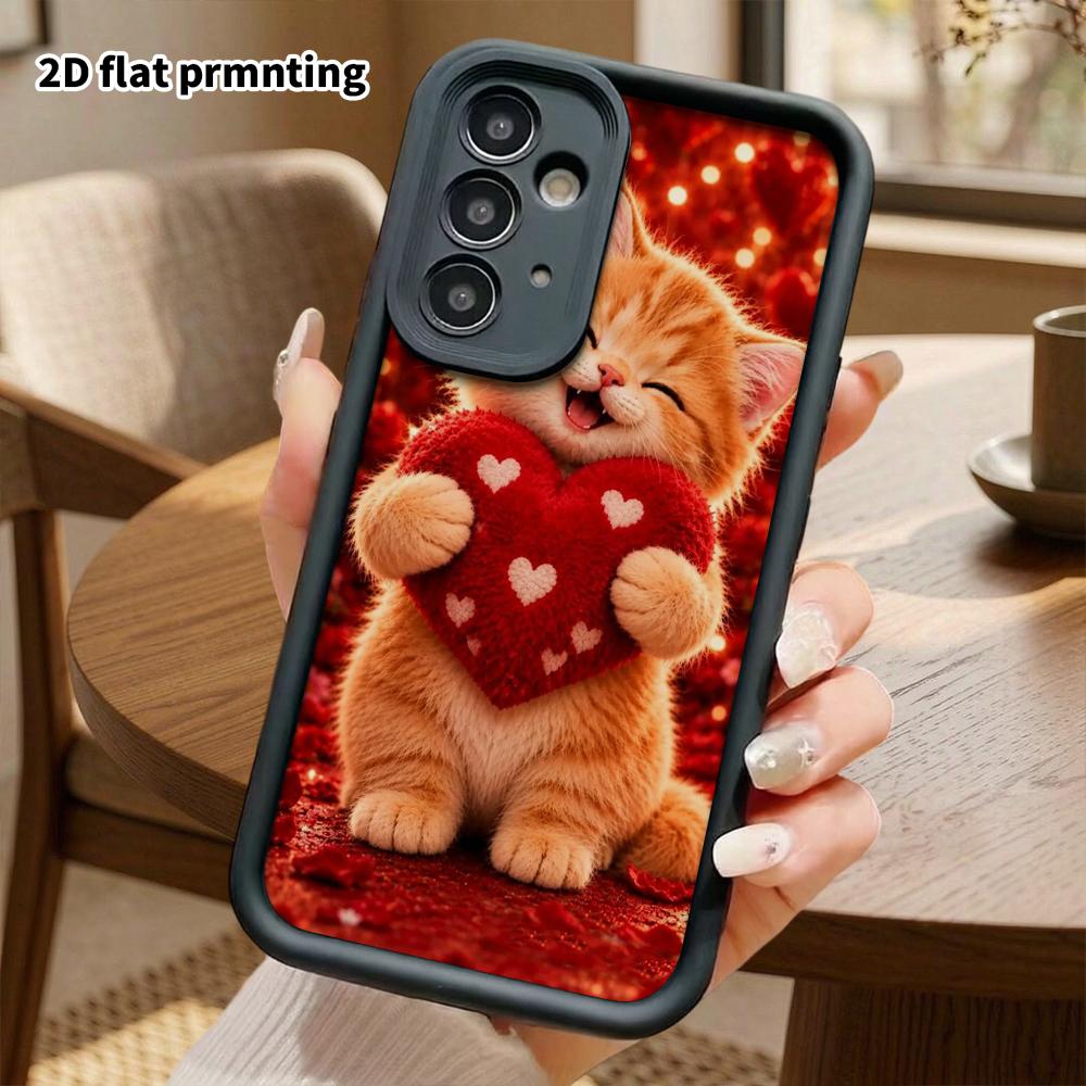 Phone Case: 2D Flat Samsung Galaxy A34 A35 M05 M06 S20 S22 S21 FE Plus 5G Layered Protective Case, Red Heart Orange Cat, Christmas and Halloween Gift