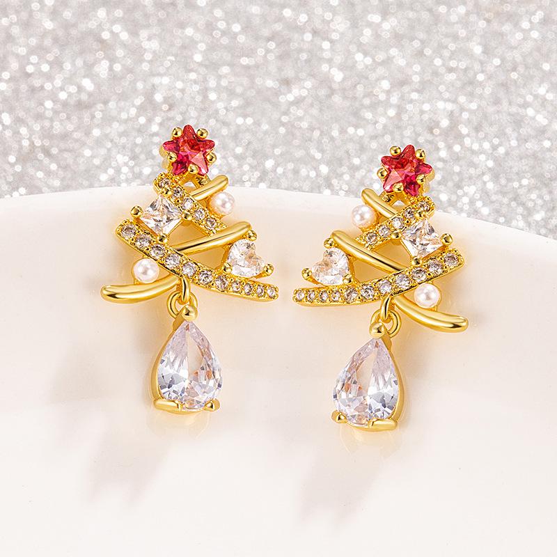 Autumn/Winter Zircon Water Drop Earrings - Luxe Christmas Tree Ear Jewelry for Women Copper