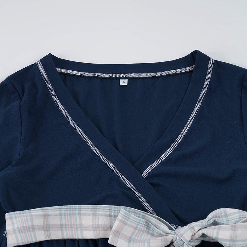 Plaid Bow Tie Lace-up Waist-cinch Babydoll Top - European/American Sweet Style Long-sleeve T-Shirt