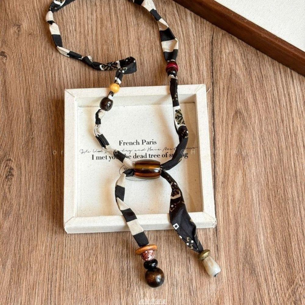 Strip Cloth Chain Necklace Multicolor Bohemian Choker Retro Wood Bead Necklace  Gift