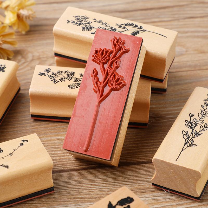 Tampons Plante Fleur Vintage Set de Tampons en Bois et Caoutchouc avec Tampon Encreur Rouge pour Création de Cartes Planner Scrapbook