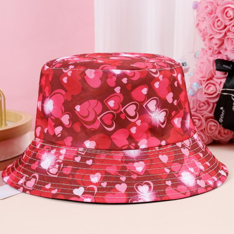 New fashionable heart-shaped printed double-sided bucket hat kiss pattern trendy sunshade sun hat sunscreen basin hat