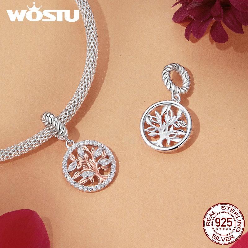 WOSTU Mother Day 925 Sterling Silver Rose Flower Charm Tree of Life Pendant Heart Beads Fit Bracelet Necklace DIY Gift for Mom