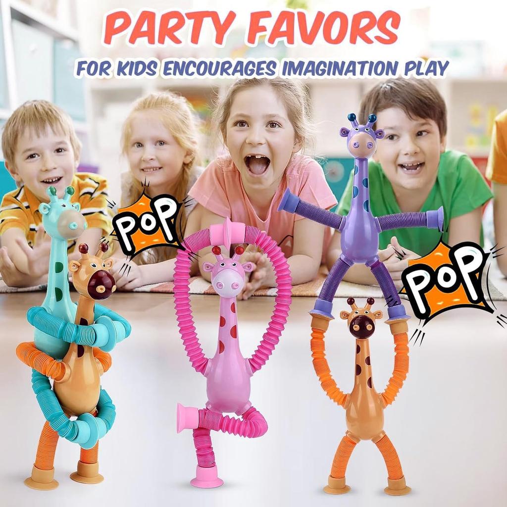 4 Pieces Pop Tubes Sensory Toys Giraffe Fidget Tubes Pack Telescopic Suction Cup Toys Fidget Toys for Kids (Giraffe)