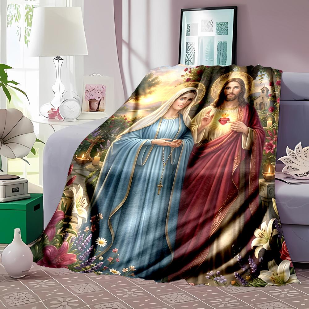 1PC Virgin and Jesus Halo Faith-printed Flannel Blanket Soft and Warm Suitable for Home Travel Picnics Camping and RV Use