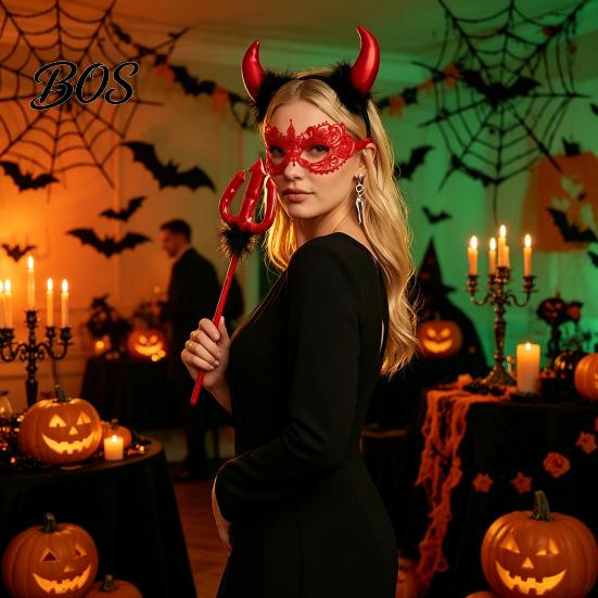 Magic Prop for Halloween Devil Horns Headband Pitchfork Lace Eye Masque Set, Plush Horn Cosplay Red Demon Costume Accessories Adults, Masquerade