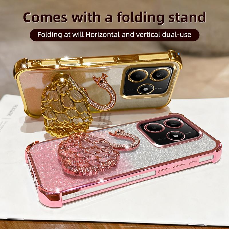 KEYSION Shockproof Plating TPU Phone Case for Remdi Note 14 4G 5G Glitter Jewelled Swan Kickstand Cover for Redmi Note 14